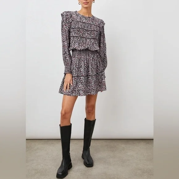 New Rails Faren Floral Ruffled Mini Dress Midnight Meadow Long Sleeve Smocked M - Picture 16 of 16